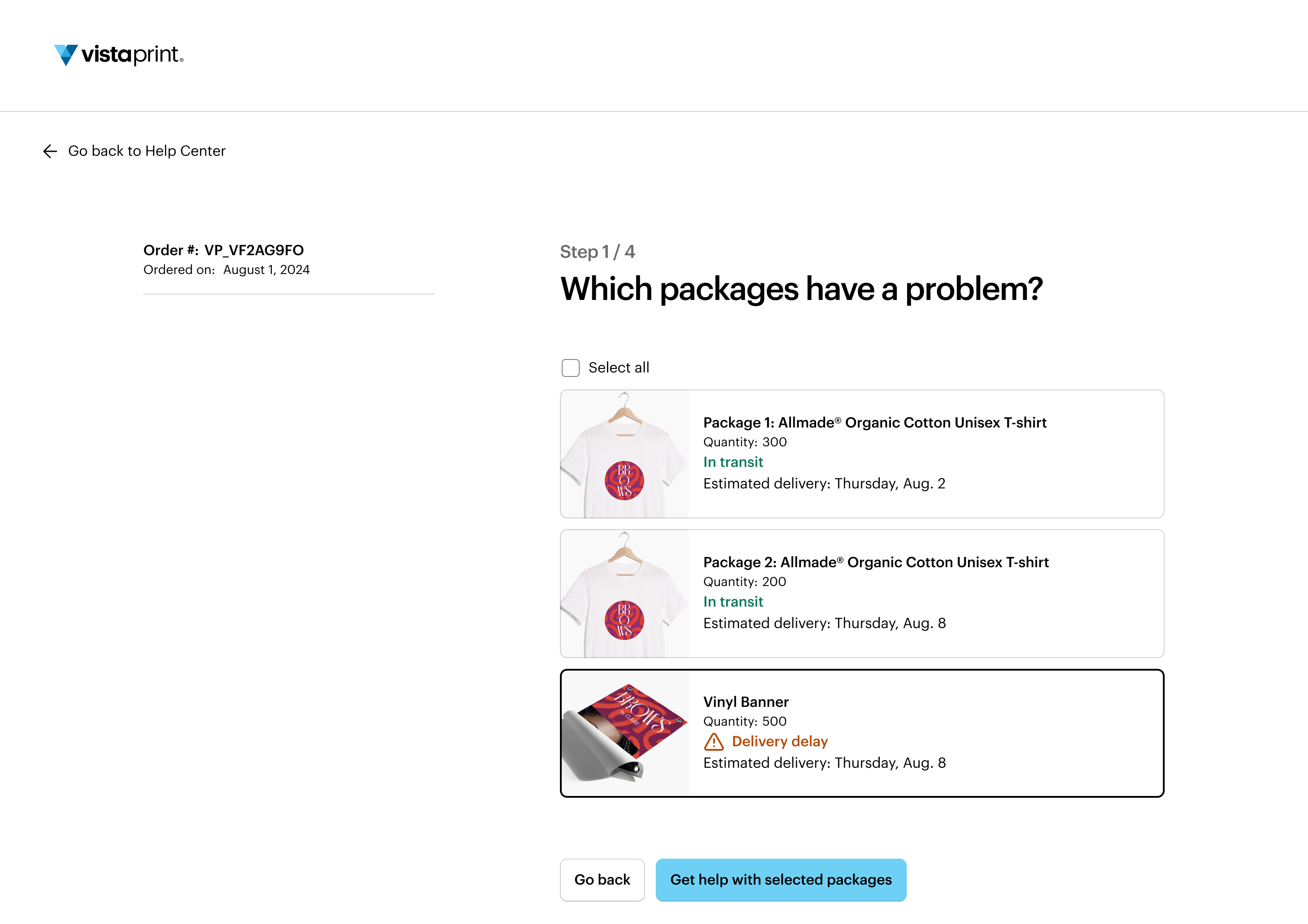 Package selection page showing individual items with tick boxes to identify which products have a problem.